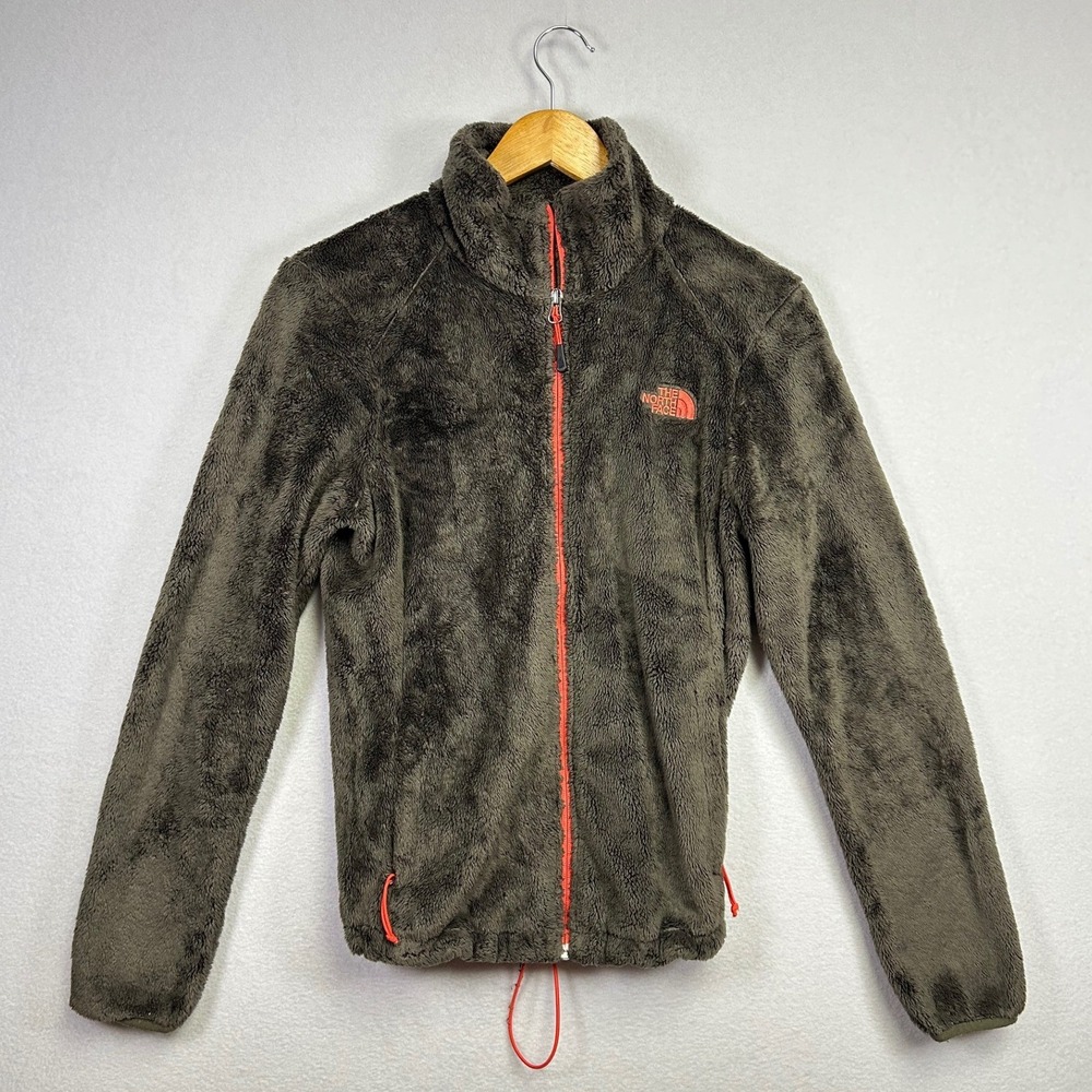 The North Face Women Green Fuzzy Fleece Jacket Coral Zip Pockets Drawcord Size S